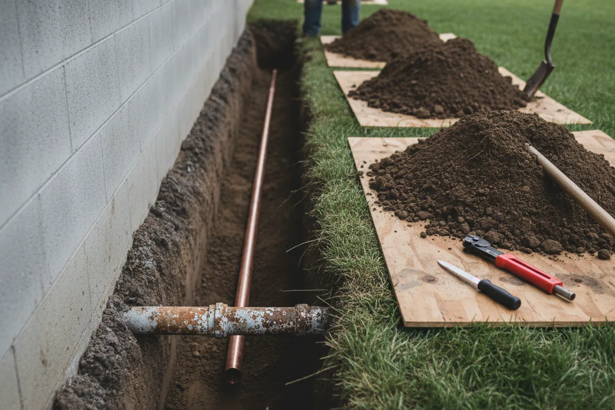 Excavated water line trench during Water Softener Installation in Norwalk